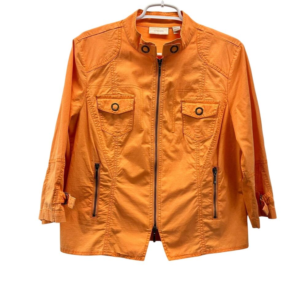 Chico's Full Zip 3/4 Sleeve Orange Utility Moto Jacket Size 1 Med